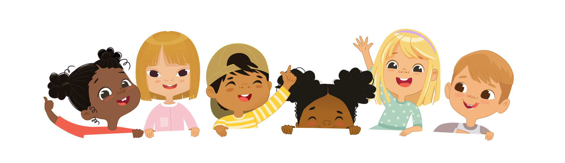 Happy multicultural children hold a blank poster. Template for advertising brochure. Cute little kids on a white background panorama template. Funny cartoon character. Vector cartoon illustration. Isolated on white Happy multicultural children hold a blank poster. Template for advertising brochure. Cute little kids on a white background panorama template. Funny cartoon character. Vector cartoon illustration. Isolated on white.